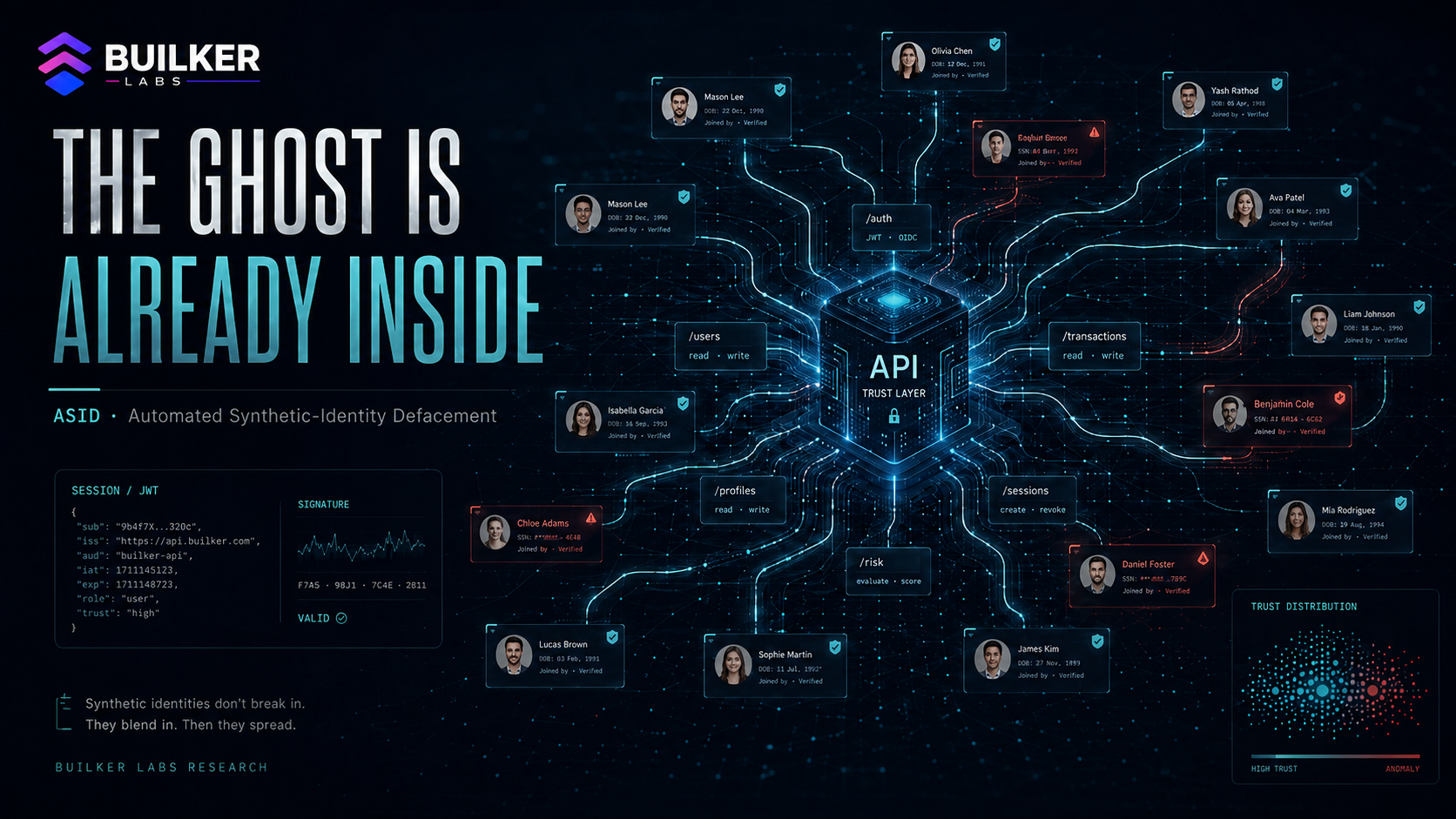 Red de identidades legítimas y sintéticas conectadas a una API central.